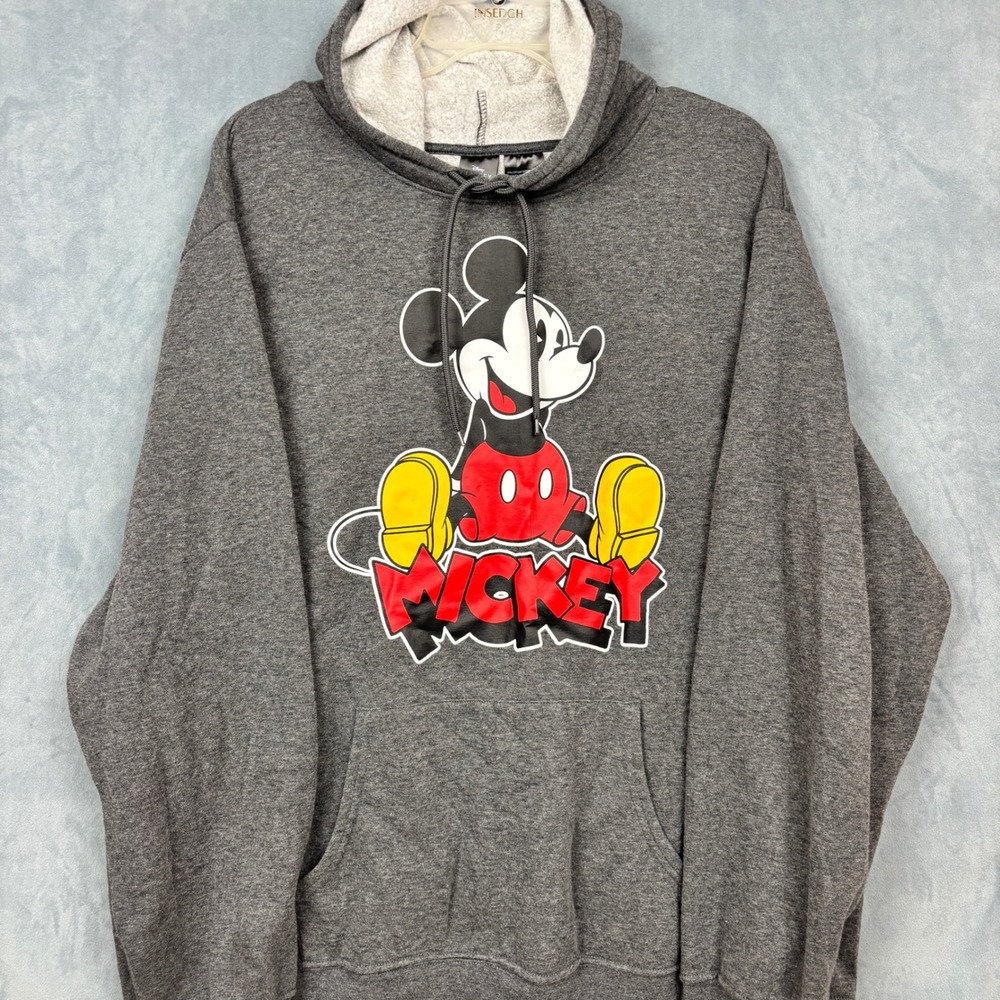 Disney Mickey Mouse Hoodie Mens 2XL Gray Graphic Pullover Sweatshirt